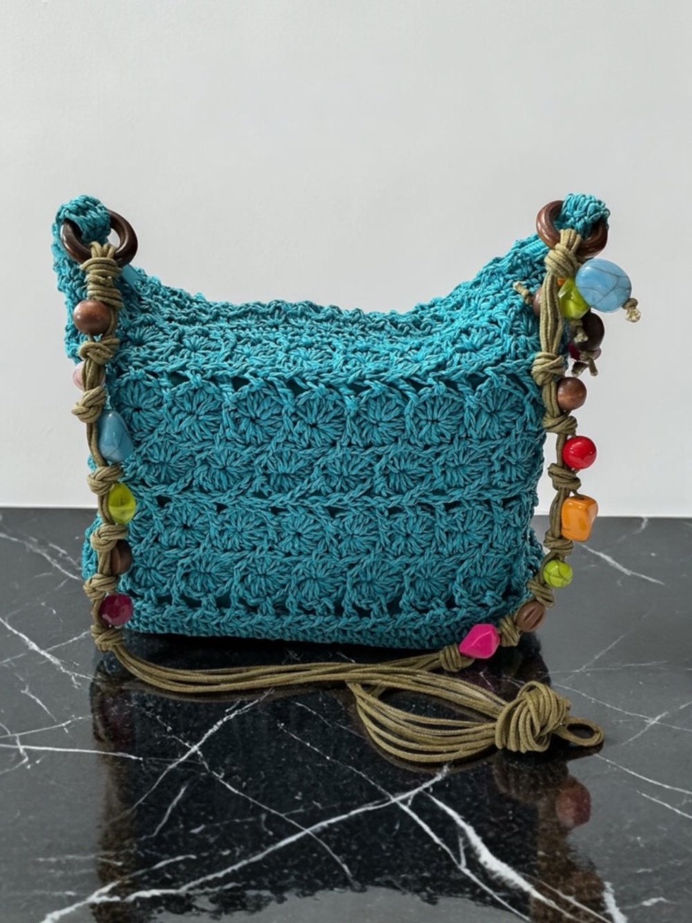 Serengeti Turquoise Crochet Shoulder Bag or Crossbody with Colorful Beads